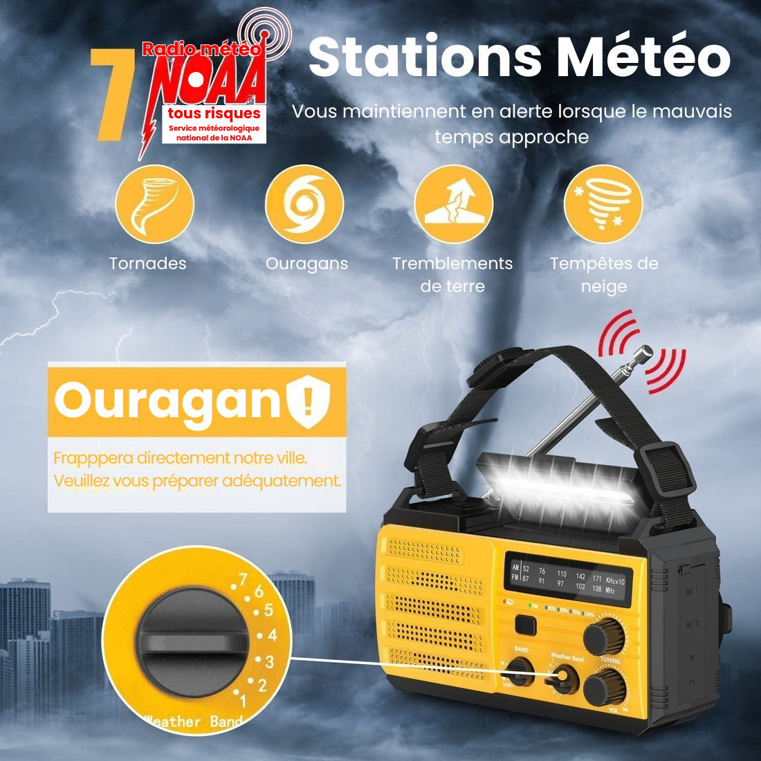 Radio solaire d'urgence multifonction avec manivelle et lampe LED